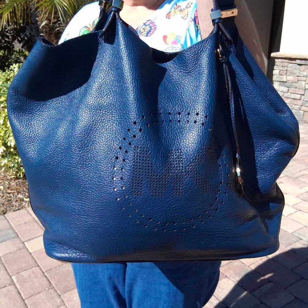 Michael Kors Perforated Blue Leather Tote Bag with Signature "MK" Logo Hardware - Picture 3 of 16